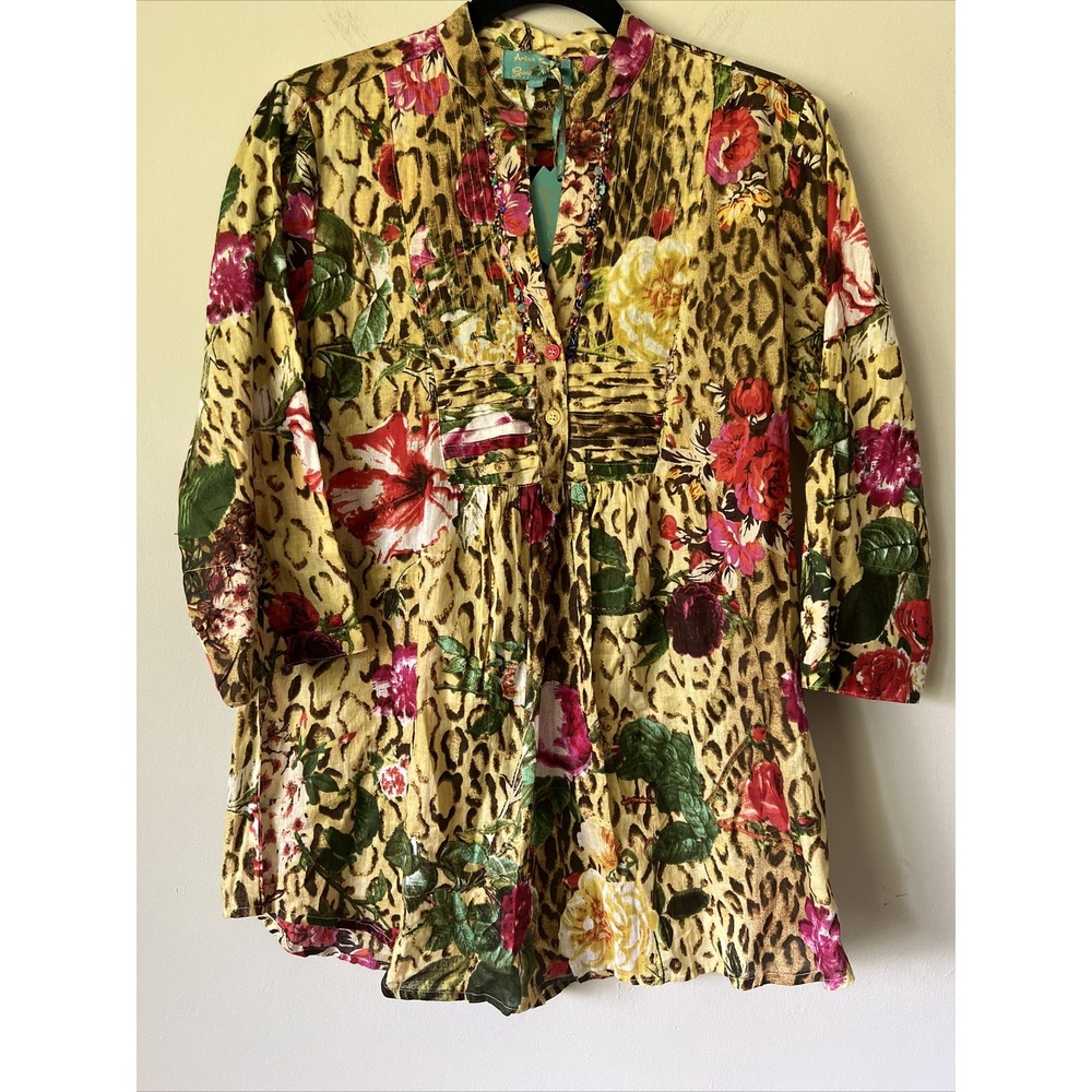 ANTICA SARTORIA LEOPARD & FLORAL TOP BLOUSE Tunic Size S/M Vacation NWT Shirt